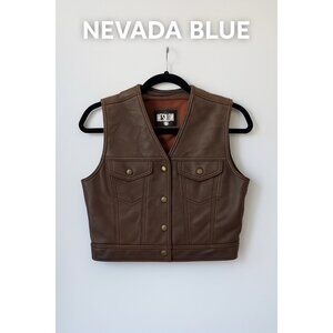 Vintage Nevada Blue Brown Leather Vest Size M Made in Korea Snap Button Western